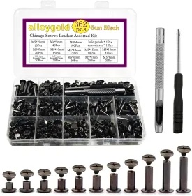 362 Pcs Chicago Screws with Punch and Screwdriver Leather Rivets 11 Sizes Assorted Screw Rivets for Decorate and Repair Leather Craft Belt Bookbinding Bag Shoes Purse Gun Black