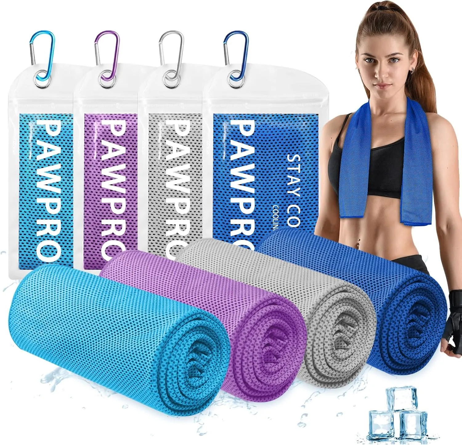 4 Packs Cooling Towels(40"x12"), Soft Breathable Cooling Towels for Neck and Face with Waterproof Bag & Carabiner, Microfiber Cooling Towel for Yoga, Sport, Running, Gym, Workout, Camping, Fitness