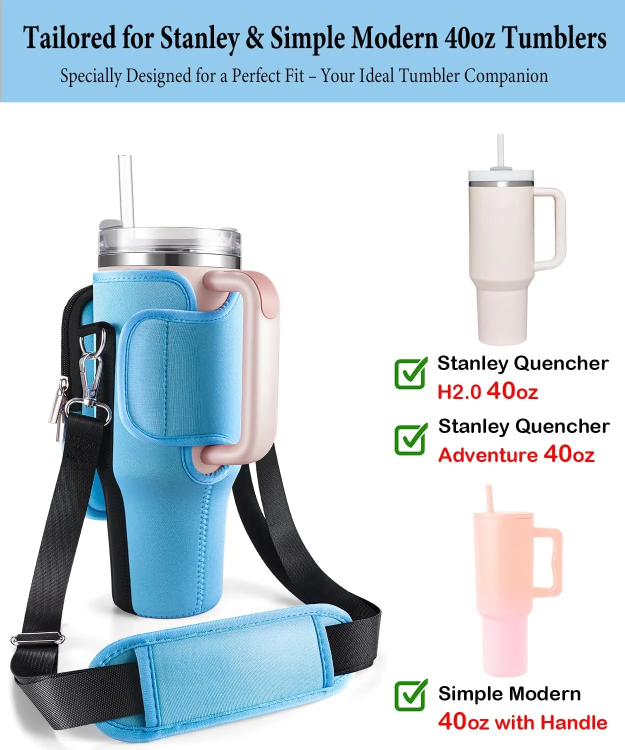 Carrier Bag with Phone Pocket for Stanley 40 oz Tumbler with Handle & Simple Modern 40oz Tumbler - Water Bottle Sling Sleeve Holder for Stanley Cup Accessories with Adjustable Shoulder & Hand Strap