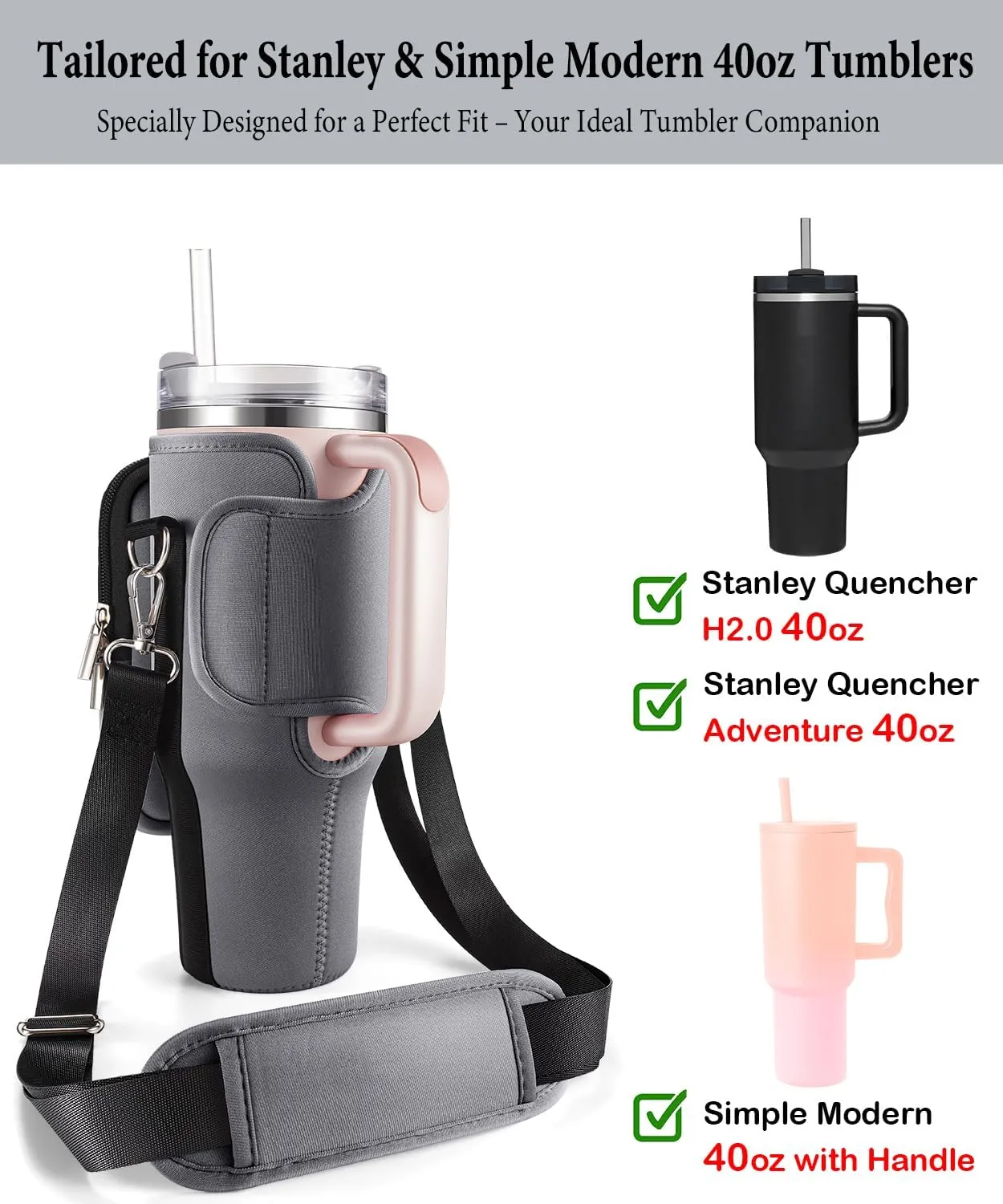 Carrier Bag with Phone Pocket for Stanley 40 oz Tumbler with Handle & Simple Modern 40oz Tumbler - Water Bottle Sling Sleeve Holder for Stanley Cup Accessories with Adjustable Shoulder & Hand Strap