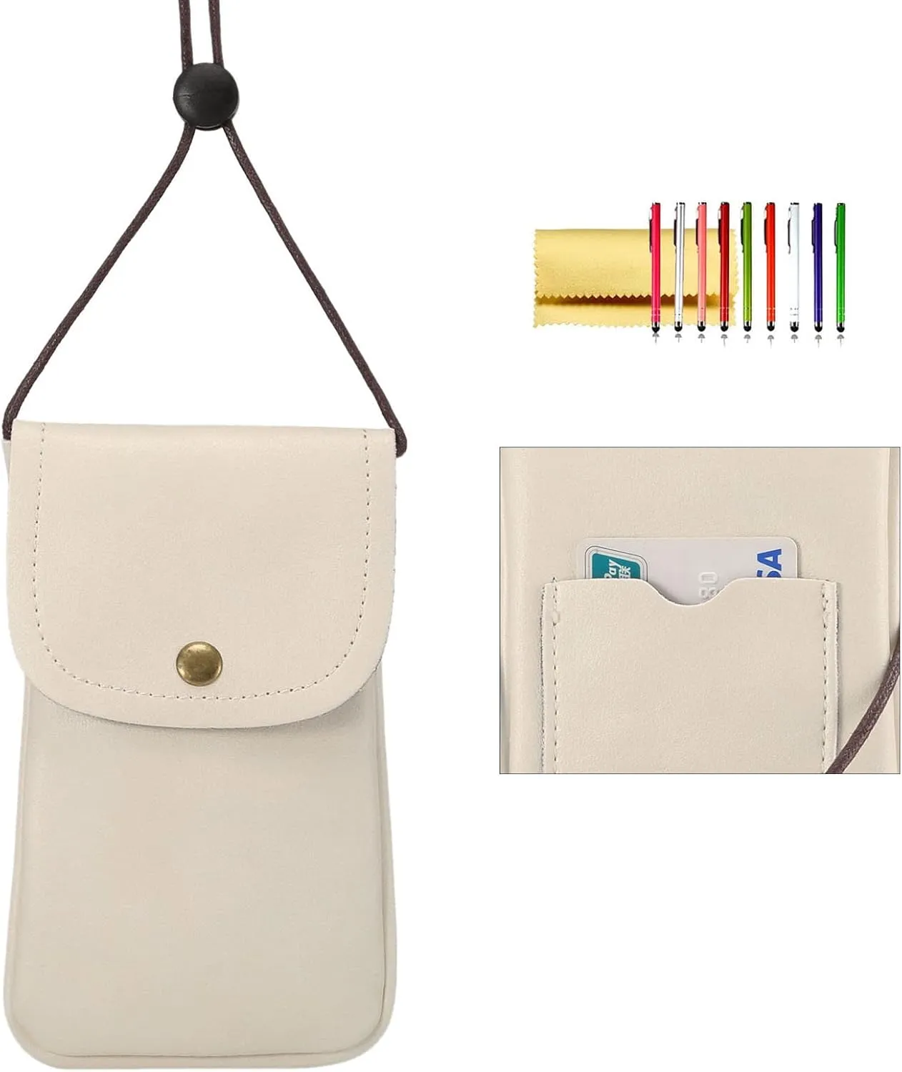 Cell Phone Neck Pouch, PU Leather Carrying Bag with Card Holder Adjustable Strap, Small Travel Purse for iPhone 11 XR XS Max SE 8 7 6 Plus, Galaxy S20 S10 A54 A10, Moto G6 (Cream White)