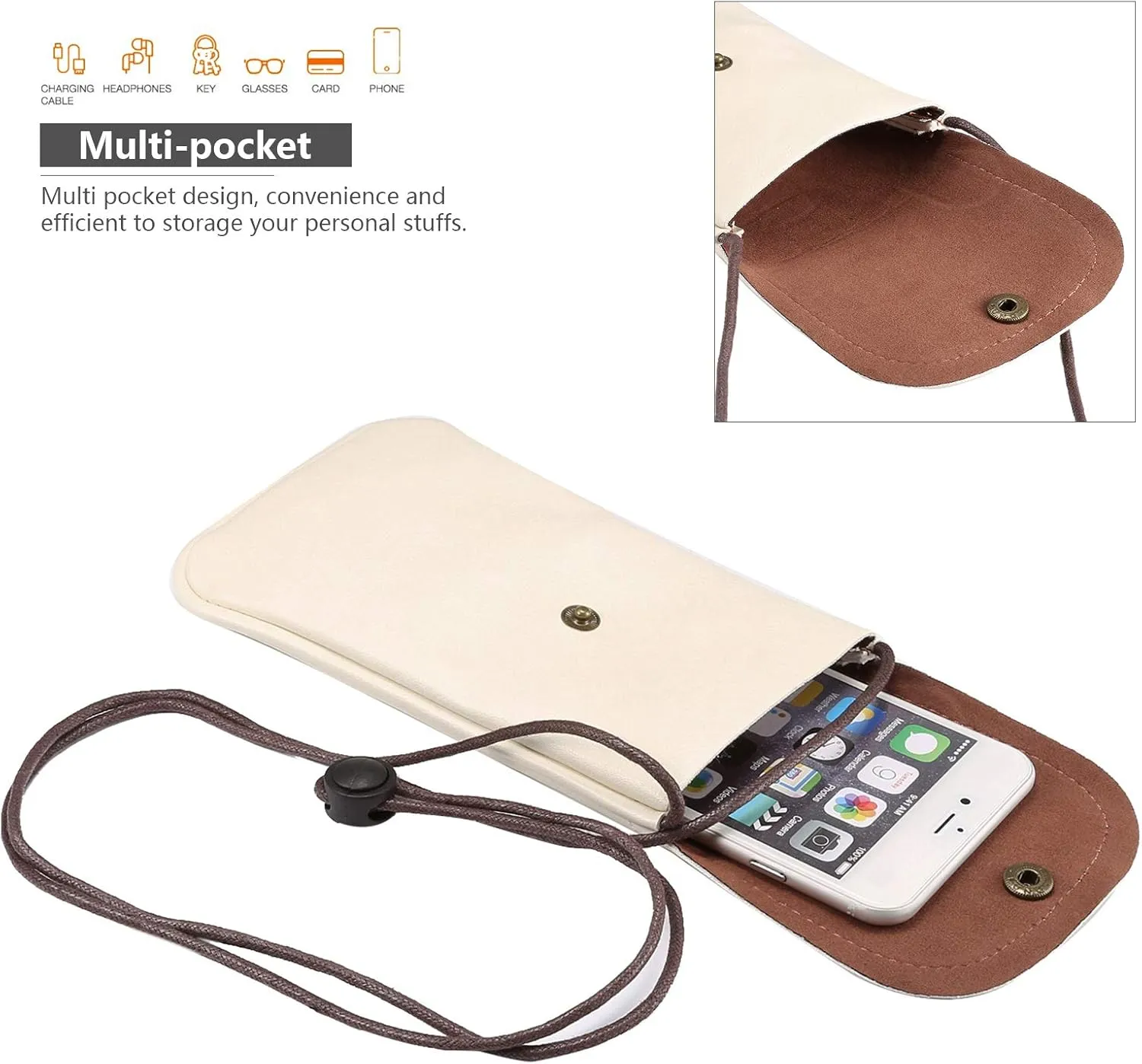 Cell Phone Neck Pouch, PU Leather Carrying Bag with Card Holder Adjustable Strap, Small Travel Purse for iPhone 11 XR XS Max SE 8 7 6 Plus, Galaxy S20 S10 A54 A10, Moto G6 (Cream White)