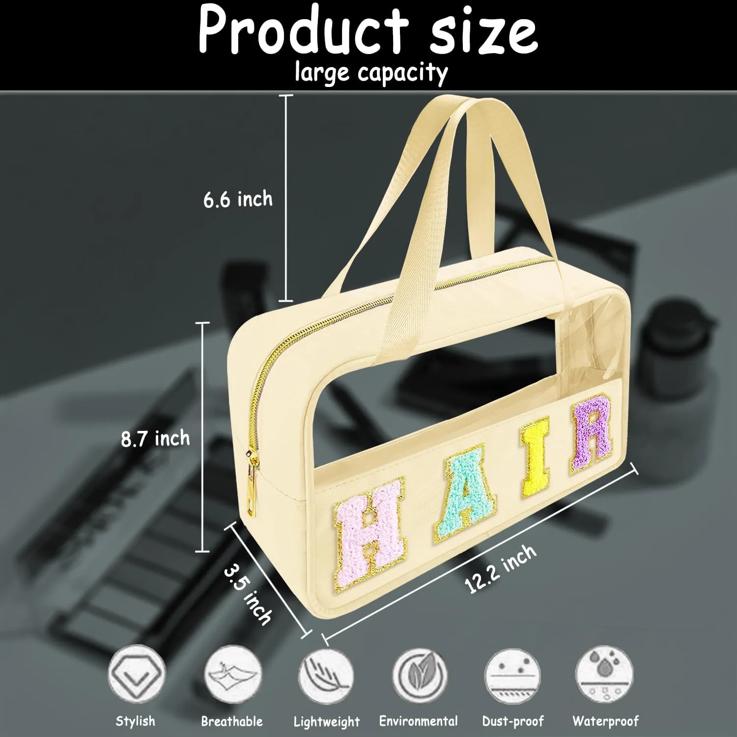 Chenille Letter Clear Makeup Bag Hair Patch, Travel Toiletry Makeup Bag with Handle, Nylon Waterproof Makeup Bags clear cosmetic bag, preppy patch makeup bag for Women (HAIR-Beige)