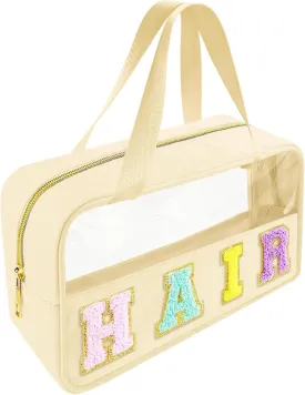 Chenille Letter Clear Makeup Bag Hair Patch, Travel Toiletry Makeup Bag with Handle, Nylon Waterproof Makeup Bags clear cosmetic bag, preppy patch makeup bag for Women (HAIR-Beige)