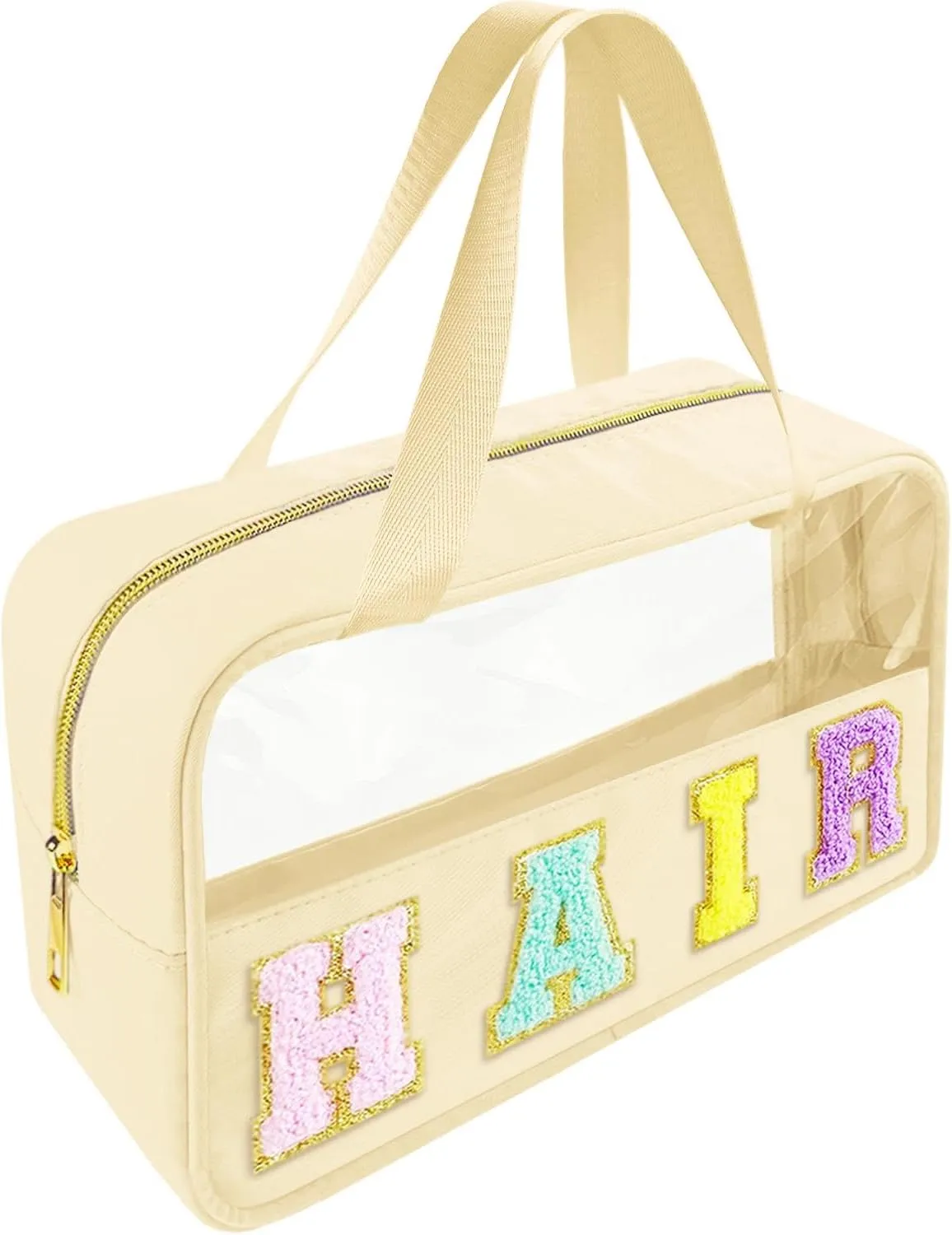Chenille Letter Clear Makeup Bag Hair Patch, Travel Toiletry Makeup Bag with Handle, Nylon Waterproof Makeup Bags clear cosmetic bag, preppy patch makeup bag for Women (HAIR-Beige)