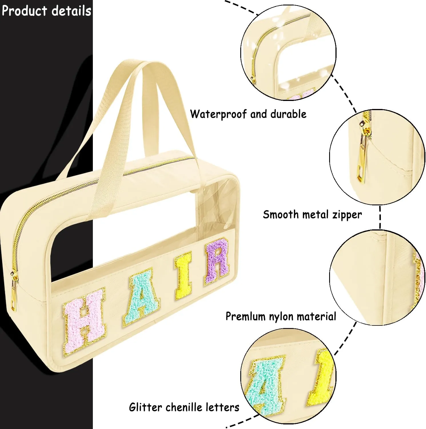 Chenille Letter Clear Makeup Bag Hair Patch, Travel Toiletry Makeup Bag with Handle, Nylon Waterproof Makeup Bags clear cosmetic bag, preppy patch makeup bag for Women (HAIR-Beige)