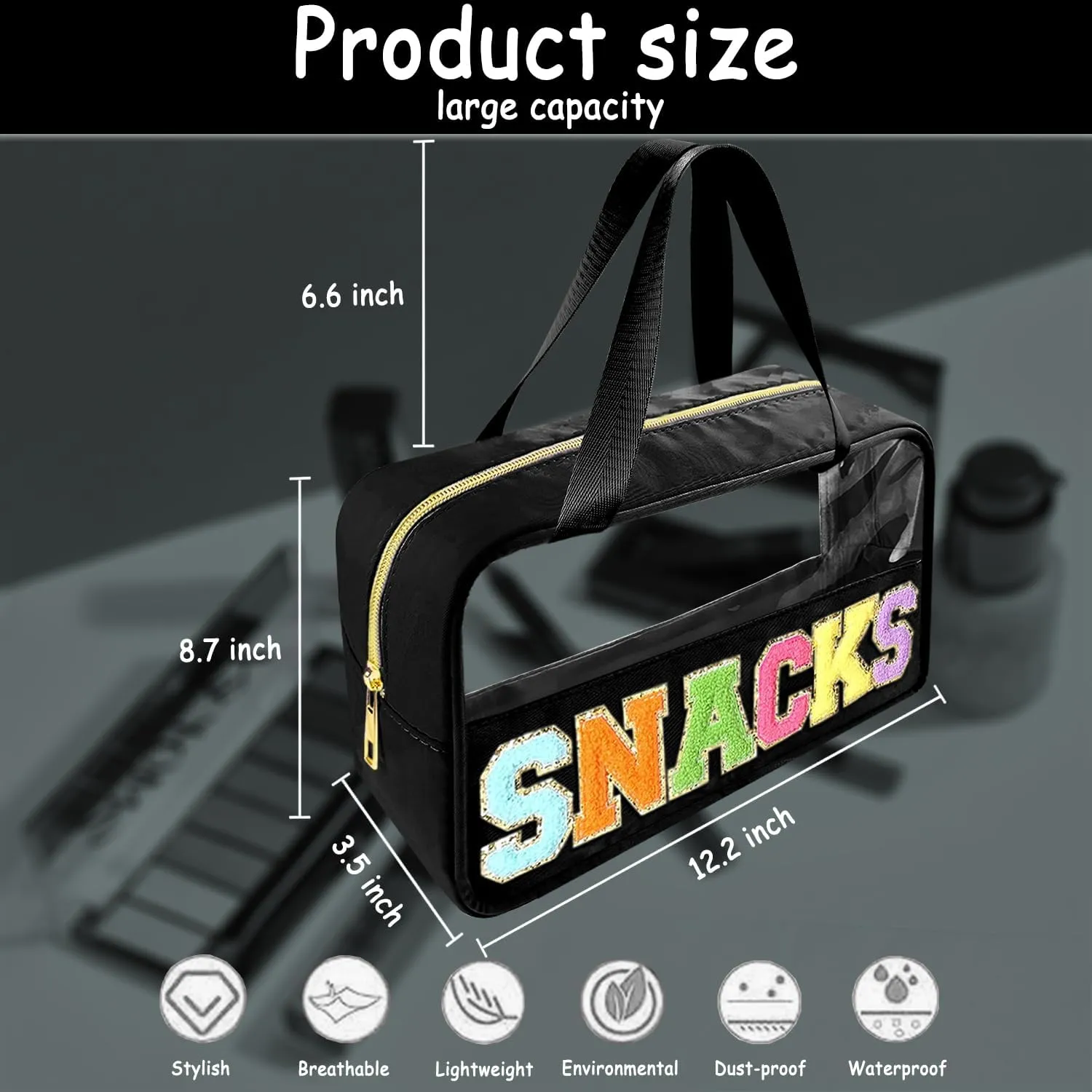 Chenille Letter Clear Makeup Bag Snacks Patch, Travel Toiletry Makeup Bag with Handle, Nylon Waterproof Makeup Bags clear cosmetic bag, preppy patch makeup bag for Women (SNACKS-Black)