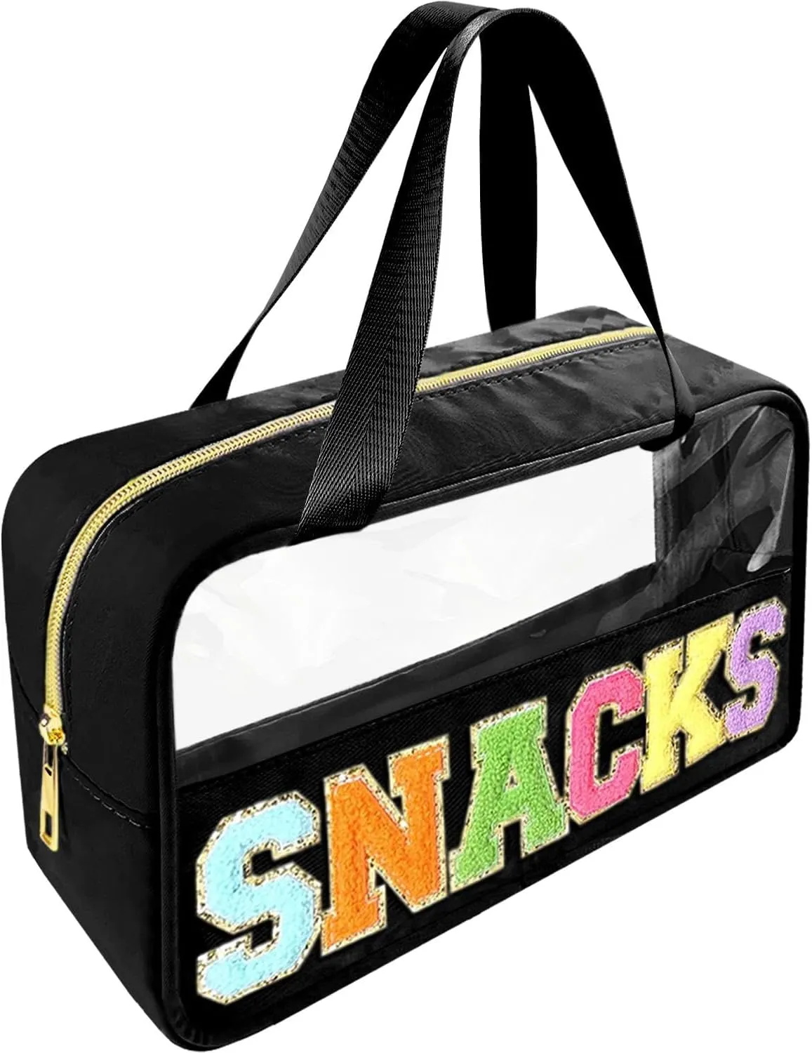 Chenille Letter Clear Makeup Bag Snacks Patch, Travel Toiletry Makeup Bag with Handle, Nylon Waterproof Makeup Bags clear cosmetic bag, preppy patch makeup bag for Women (SNACKS-Black)