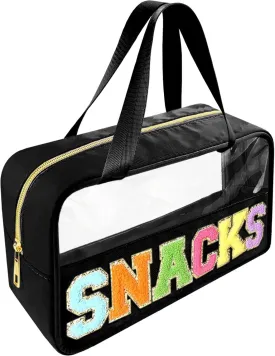 Chenille Letter Clear Makeup Bag Snacks Patch, Travel Toiletry Makeup Bag with Handle, Nylon Waterproof Makeup Bags clear cosmetic bag, preppy patch makeup bag for Women (SNACKS-Black)