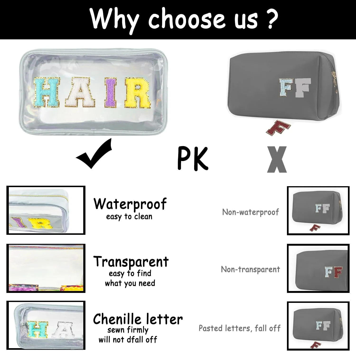 Chenille Letter Clear Makeup Bag Snacks Patch, Travel Toiletry Makeup Bag with Handle, Nylon Waterproof Makeup Bags clear cosmetic bag, preppy patch makeup bag for Women (SNACKS-Black)