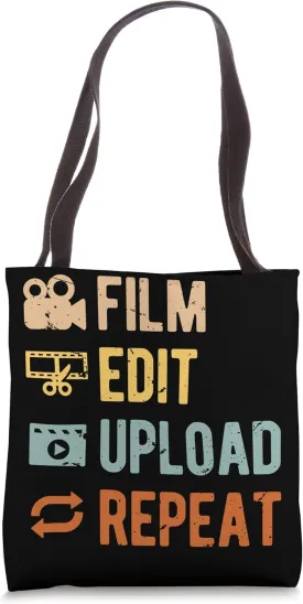 Film Edit Upload Repeat Video Editor Video Editing Tote Bag