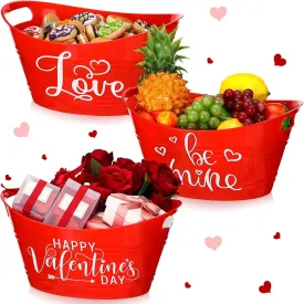 FoldTier 3 Pack Large Valentine's Day Basket for Gift 12.2 x 9 Empty Gift Basket with Handle Red Love You Plastic Oval Ice Bucket Happy Valentine's Day Decorative Container for Valentines Party