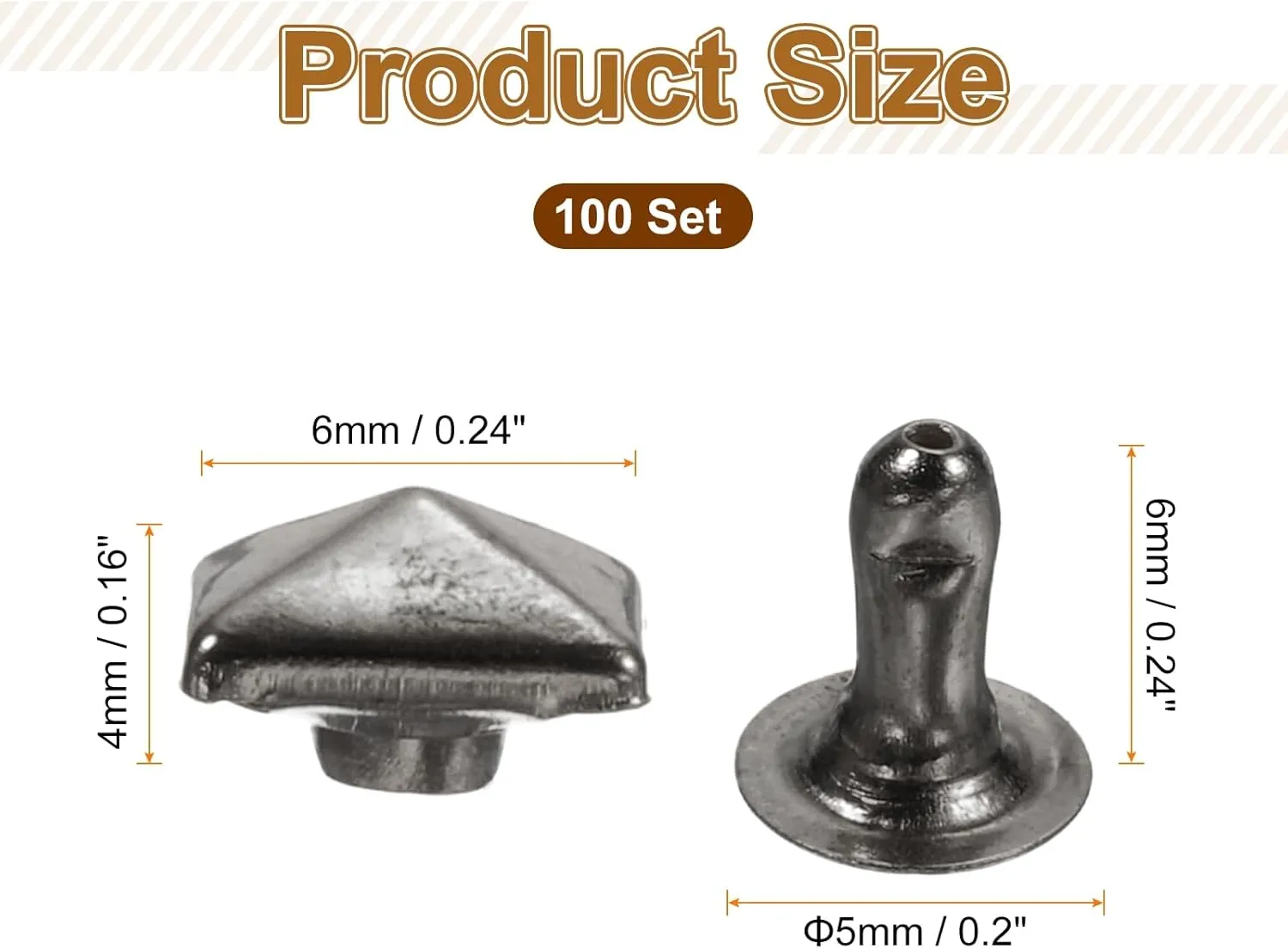 HARFINGTON 100 Set Square Pyramid Rivet 6mm Leather Rivets Metal Spike Studs for Clothing Belts Bags Shoes Punk Rock, Gun Black