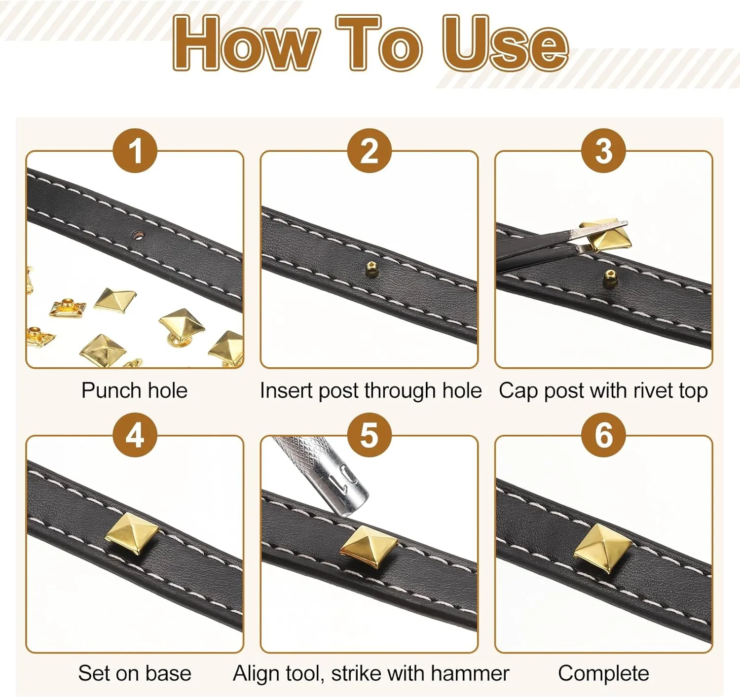 HARFINGTON 100 Set Square Pyramid Rivet 6mm Leather Rivets Metal Spike Studs for Clothing Belts Bags Shoes Punk Rock, Gun Black