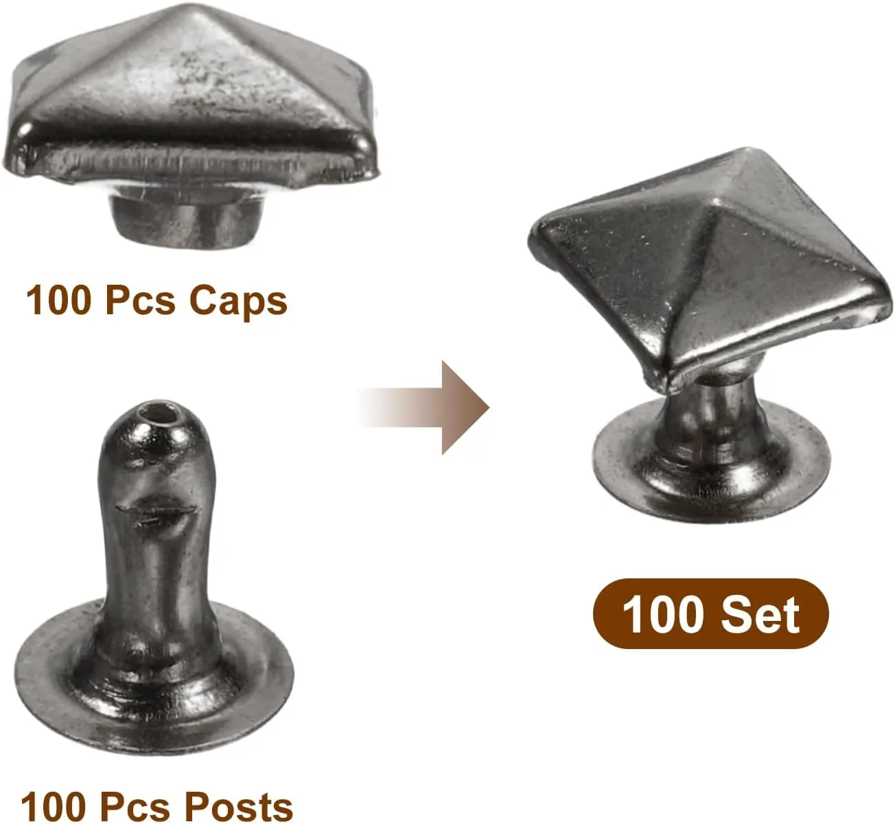 HARFINGTON 100 Set Square Pyramid Rivet 6mm Leather Rivets Metal Spike Studs for Clothing Belts Bags Shoes Punk Rock, Gun Black
