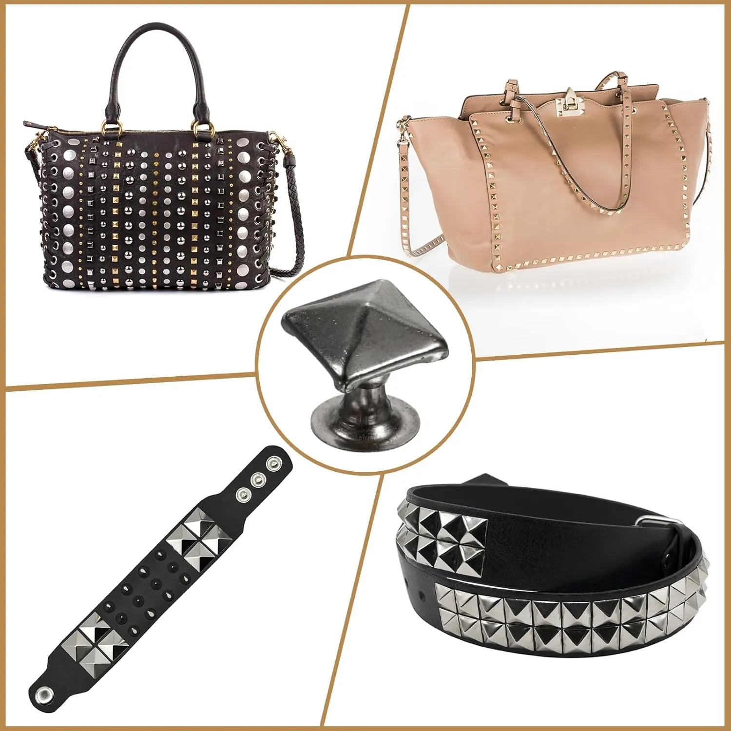 HARFINGTON 100 Set Square Pyramid Rivet 6mm Leather Rivets Metal Spike Studs for Clothing Belts Bags Shoes Punk Rock, Gun Black
