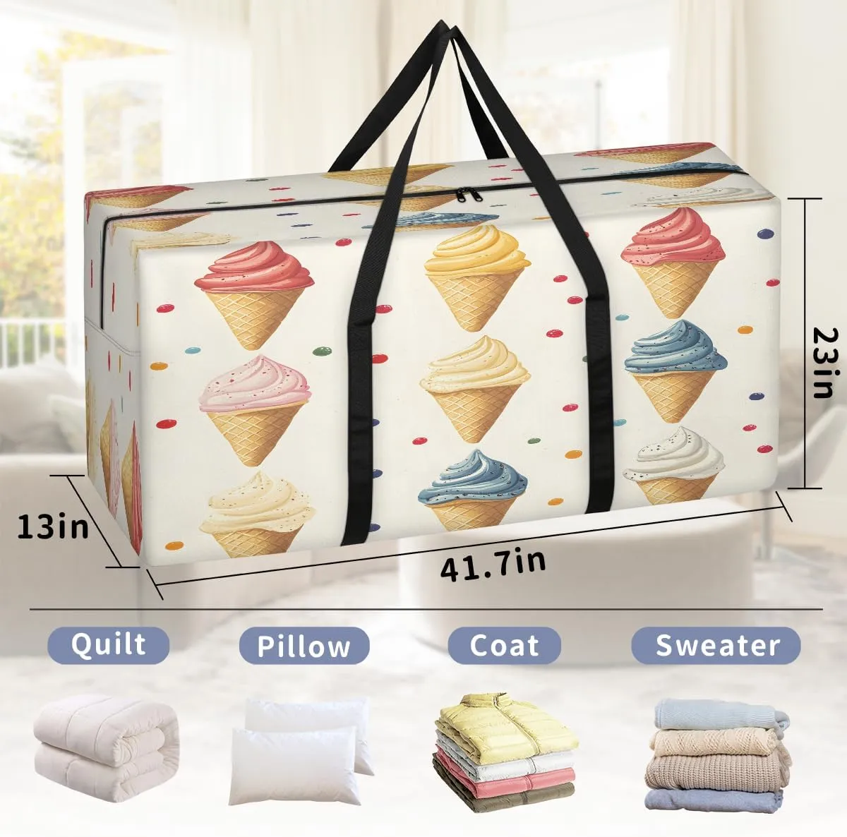 Ice Cream XXL Heavy Duty Extra Large Moving Bags with Strong Zipper, Storage Tote Supplies Packing Boxes for Moving, Food
