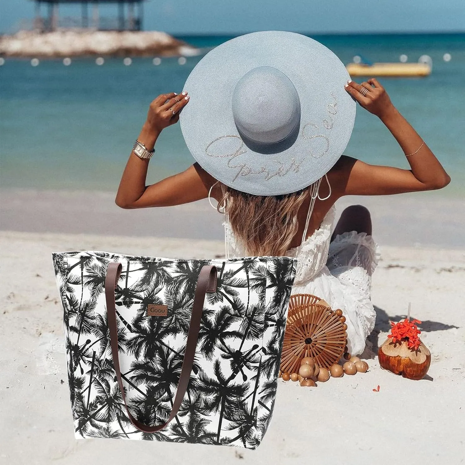 JNF Extra Large Canvas Beach Bags for Women Shoulder Bag Beach Tote Bag with Cotton Rope Handles