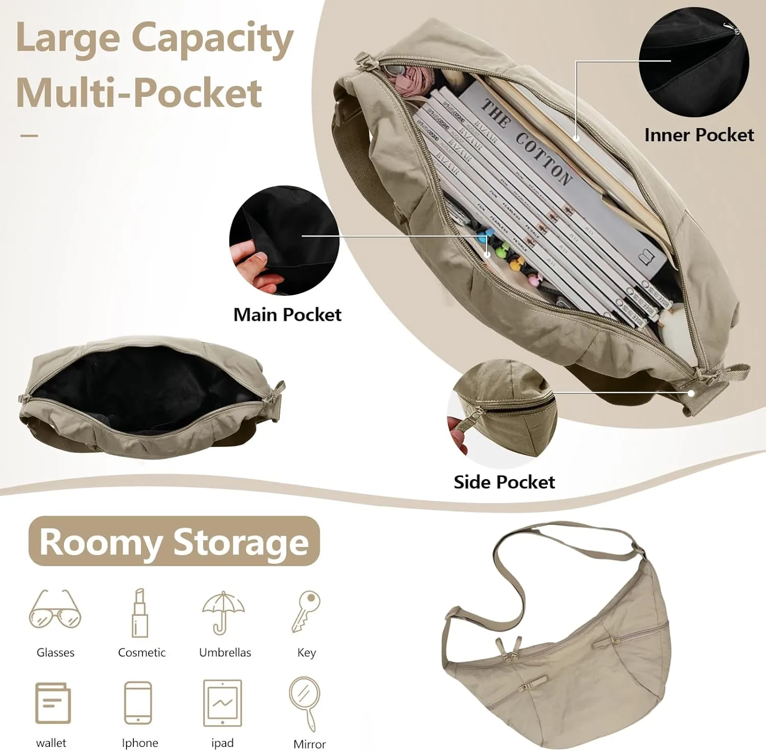 Lightweight Nylon Crossbody Bag for Women Crescent Crossbody Bag with Adjustable Strap