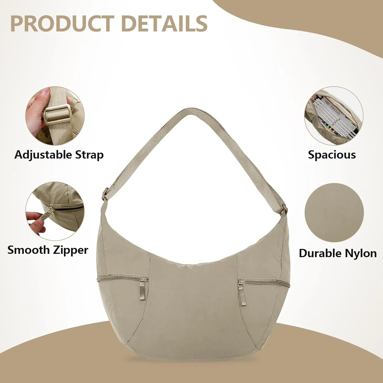 Lightweight Nylon Crossbody Bag for Women Crescent Crossbody Bag with Adjustable Strap