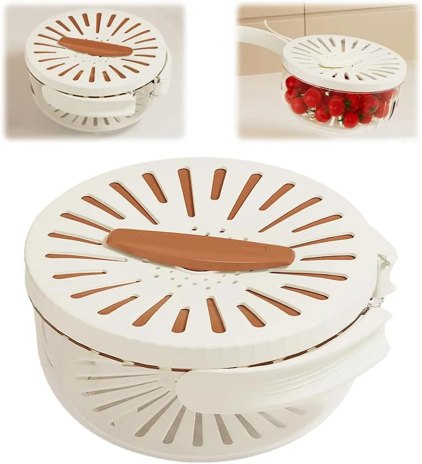 Multifunctional Fruit and Vegetable Washing Bowl, 2 In 1 Sealing Drainer Drain Basket, Fruit Drainer Container with Foldable Handle, Kitchen Sink Drain Basket for Vegetable Washing (Brown)