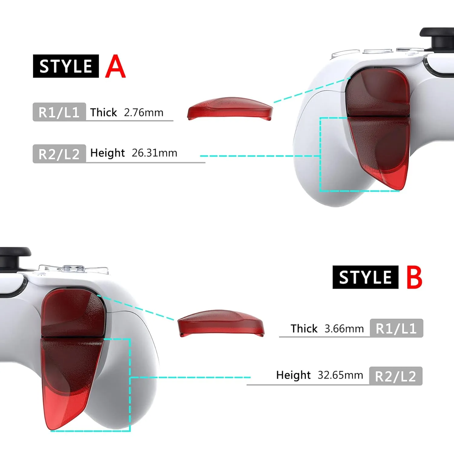 PlayVital Blade 2 Pairs Shoulder Buttons Extension Triggers for ps5 Controller, Game Improvement Adjusters for PS Portal Remote Player, Bumper Trigger Extenders for ps5 Edge Controller - Clear Red