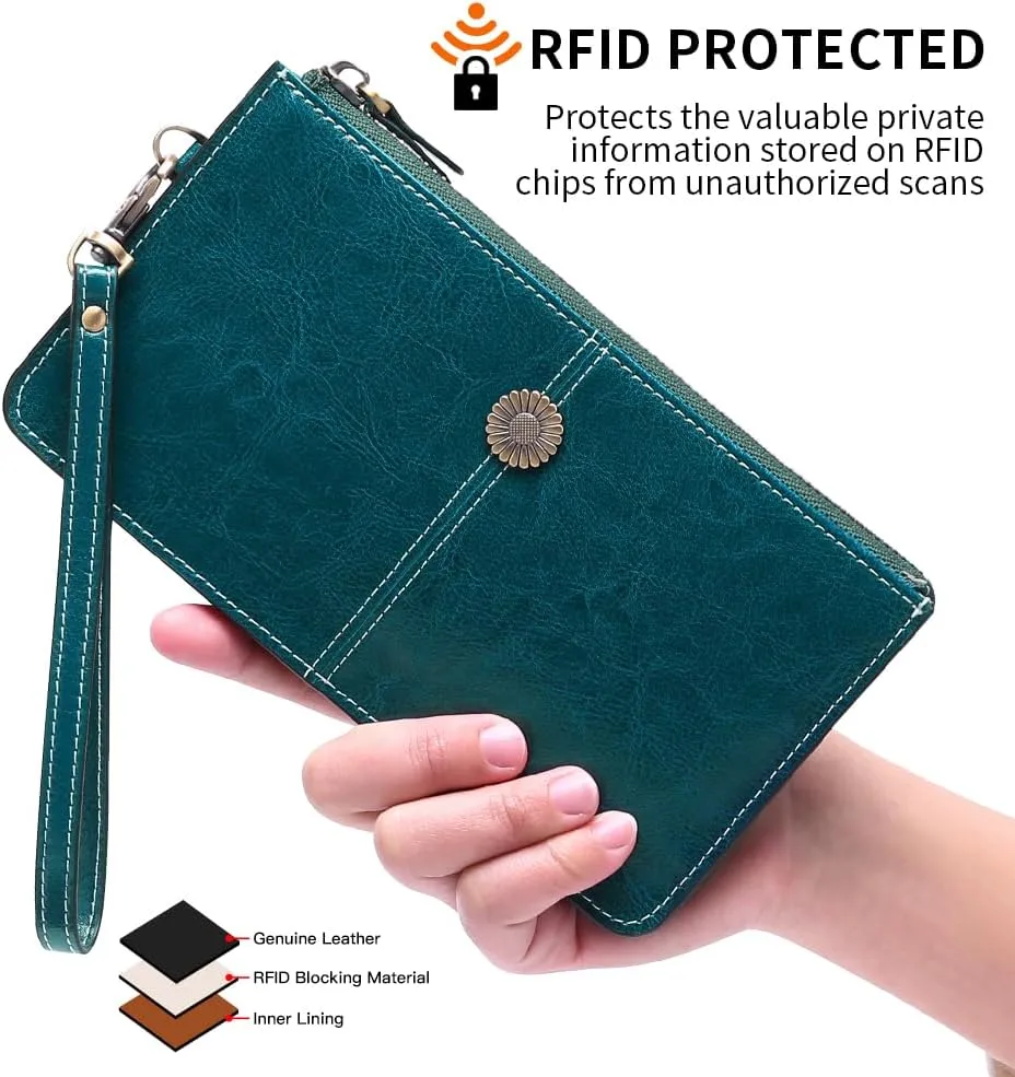 SENDEFN Leather Wristlet for Womens Wallet RFID Blocking Double Zip Cell Phone Clutch Purse