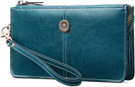 SENDEFN Leather Wristlet for Womens Wallet RFID Blocking Double Zip Cell Phone Clutch Purse