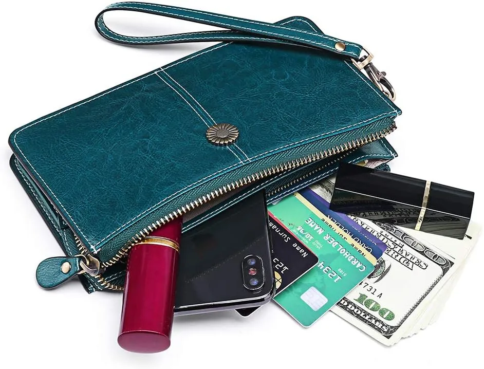 SENDEFN Leather Wristlet for Womens Wallet RFID Blocking Double Zip Cell Phone Clutch Purse
