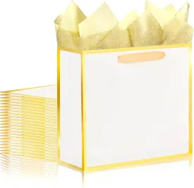 SHIPKEY 12 Pack White Gift Bags with Gold Frame, 12.5x4x11 Inches Large Paper Bags with Ribbon Handles, Large Gift Bags (32x11x27 cm)