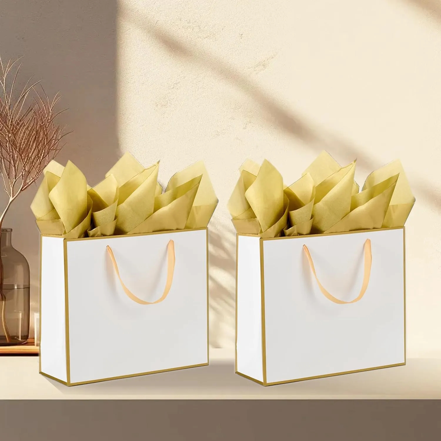 SHIPKEY 12 Pack White Gift Bags with Gold Frame, 12.5x4x11 Inches Large Paper Bags with Ribbon Handles, Large Gift Bags (32x11x27 cm)