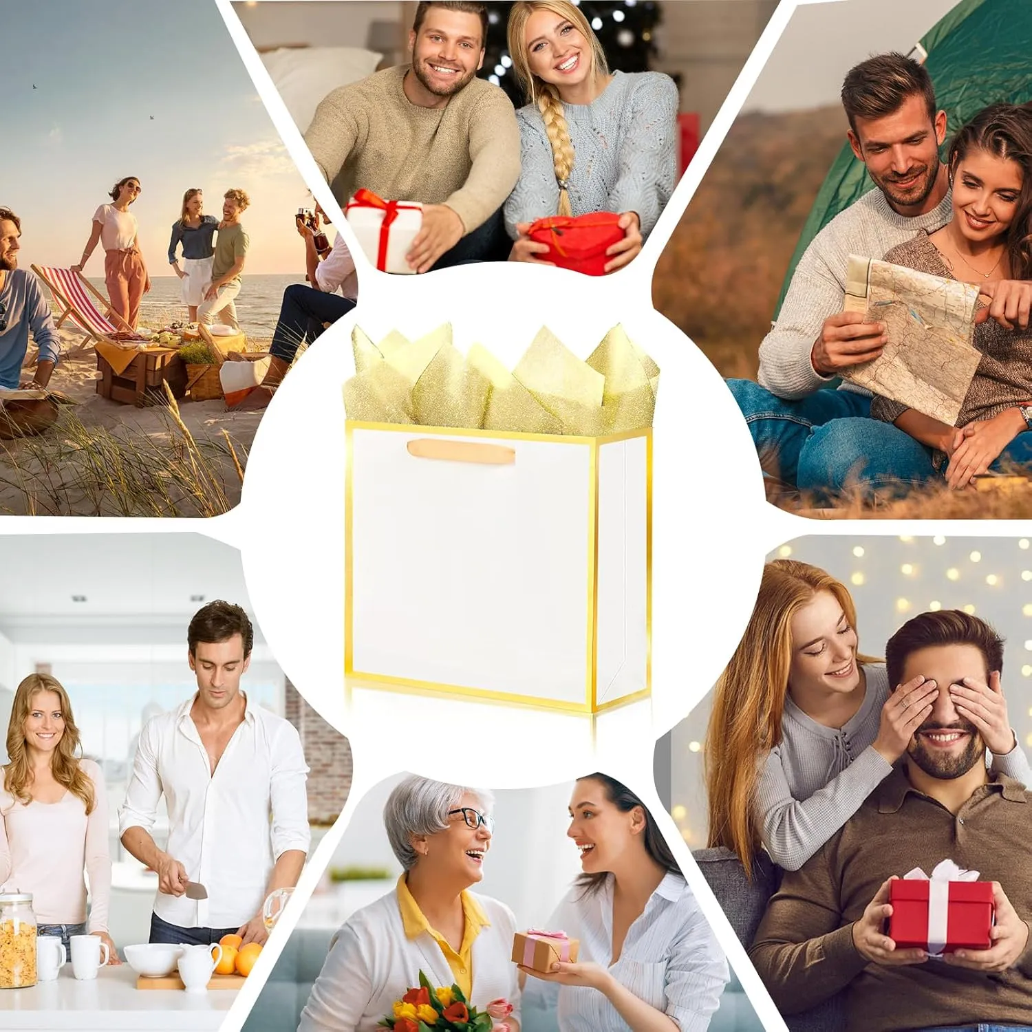 SHIPKEY 12 Pack White Gift Bags with Gold Frame, 12.5x4x11 Inches Large Paper Bags with Ribbon Handles, Large Gift Bags (32x11x27 cm)