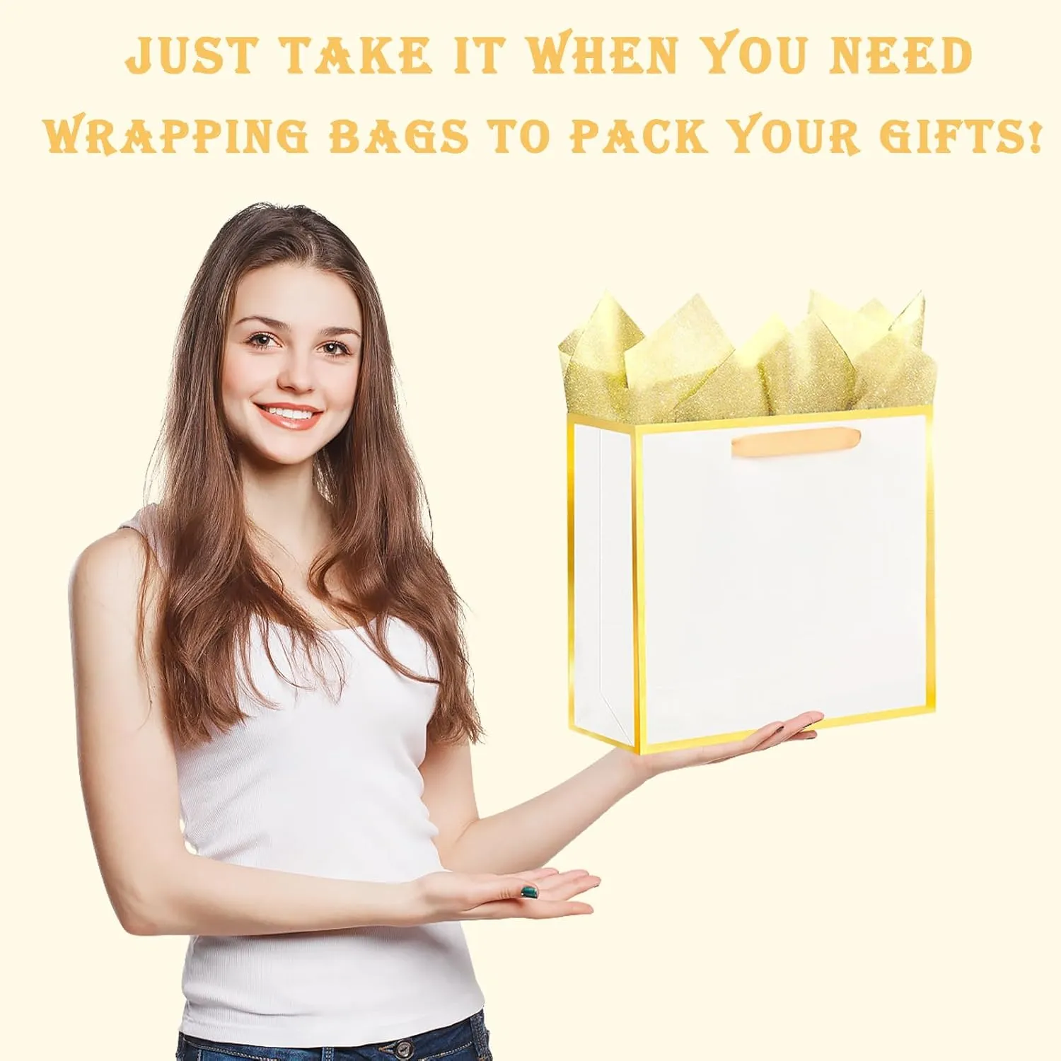 SHIPKEY 12 Pack White Gift Bags with Gold Frame, 12.5x4x11 Inches Large Paper Bags with Ribbon Handles, Large Gift Bags (32x11x27 cm)
