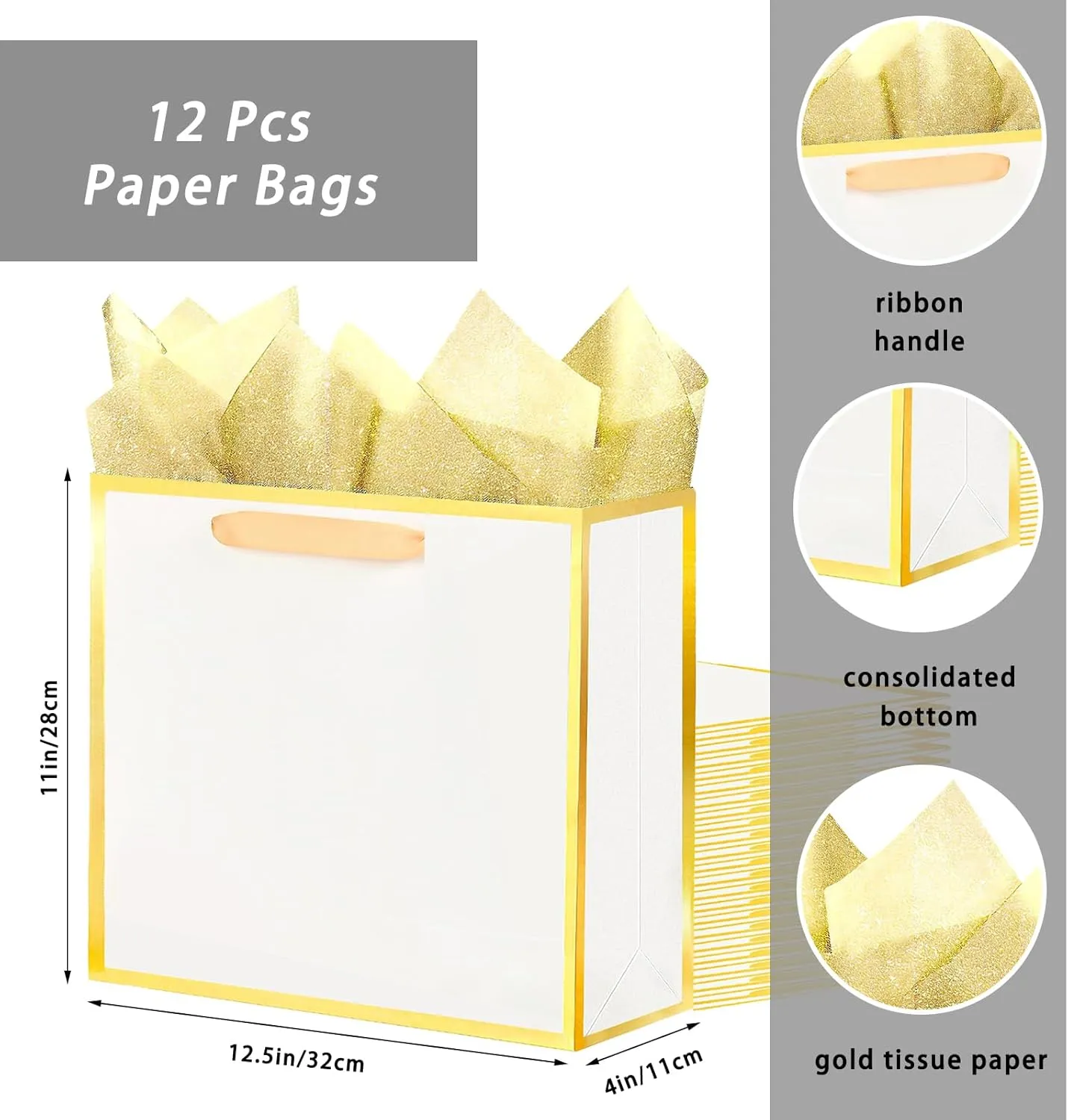 SHIPKEY 12 Pack White Gift Bags with Gold Frame, 12.5x4x11 Inches Large Paper Bags with Ribbon Handles, Large Gift Bags (32x11x27 cm)