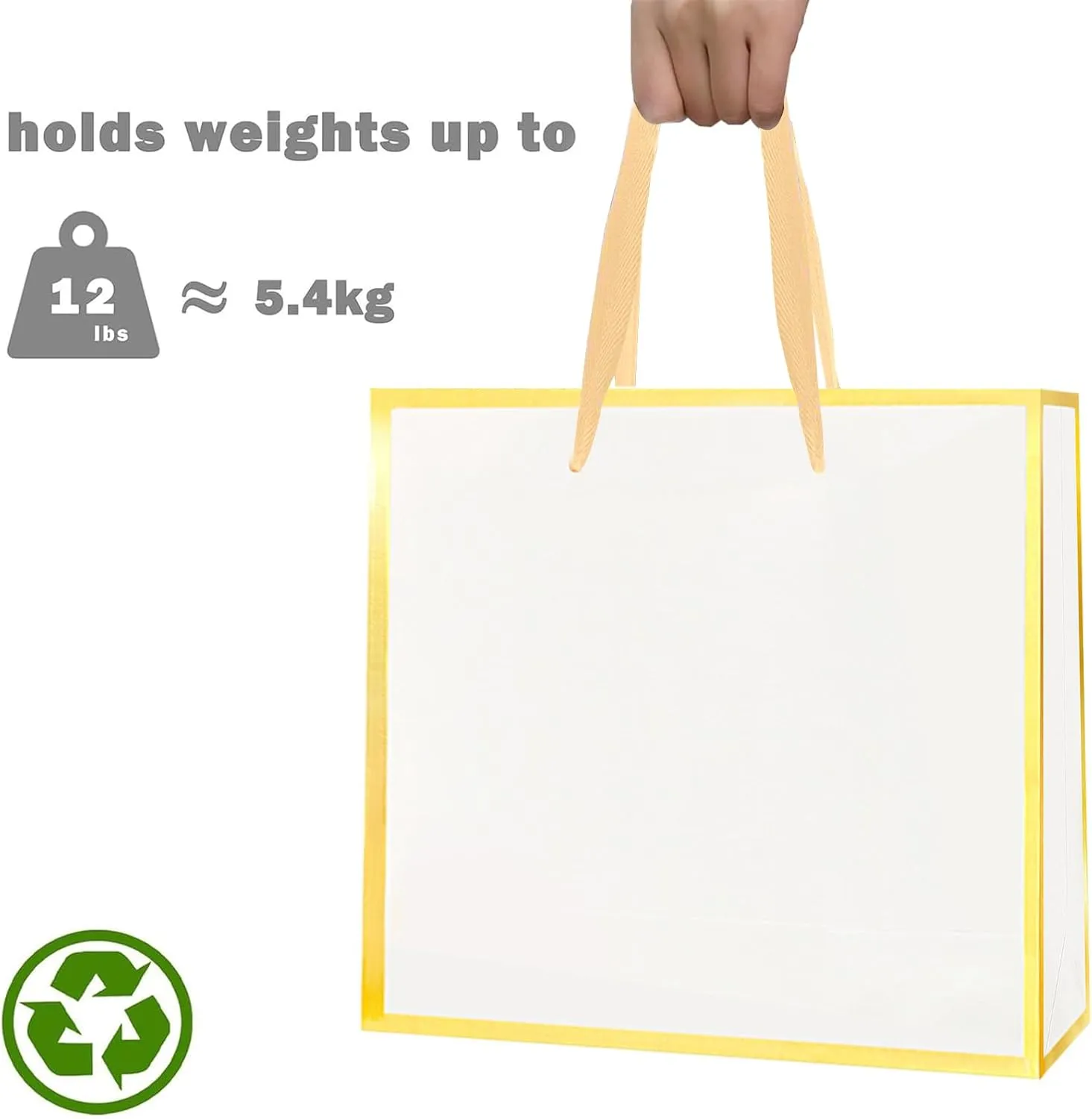 SHIPKEY 12 Pack White Gift Bags with Gold Frame, 12.5x4x11 Inches Large Paper Bags with Ribbon Handles, Large Gift Bags (32x11x27 cm)