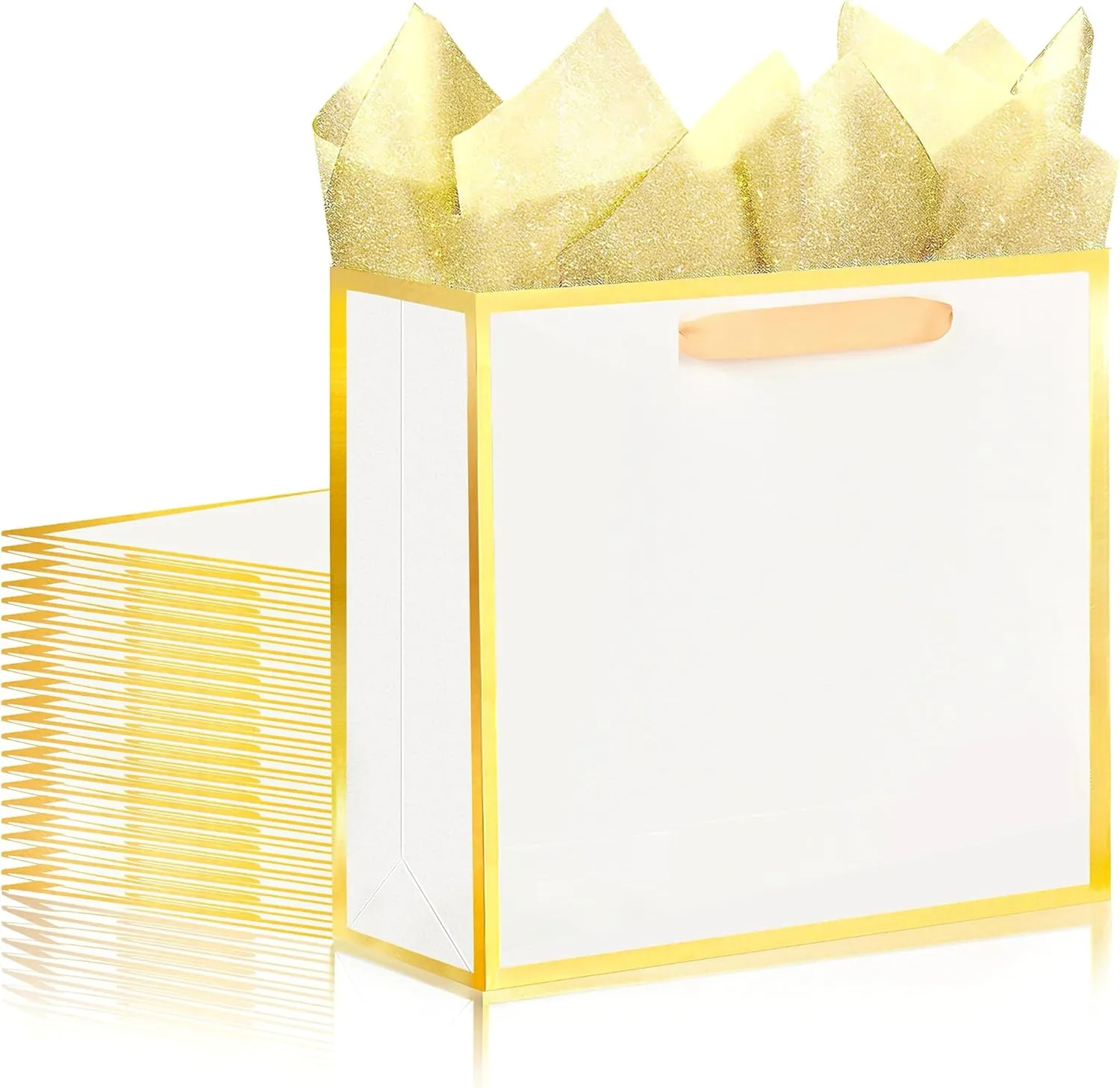 SHIPKEY 12 Pack White Gift Bags with Gold Frame, 12.5x4x11 Inches Large Paper Bags with Ribbon Handles, Large Gift Bags (32x11x27 cm)