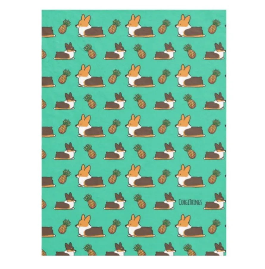 Tricolor Pineapple Corgi Fleece Blanket | 3 Sizes