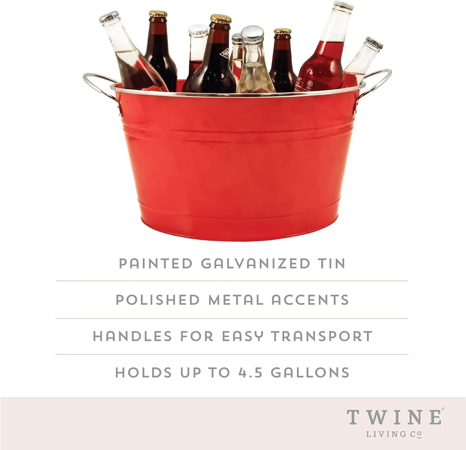 Twine Big Red Ice Bucket - Galvanized Metal Drink Beverage Tub for Home Parties, Country Home Wine And Beer Chiller, Holds 4.5 Gallons