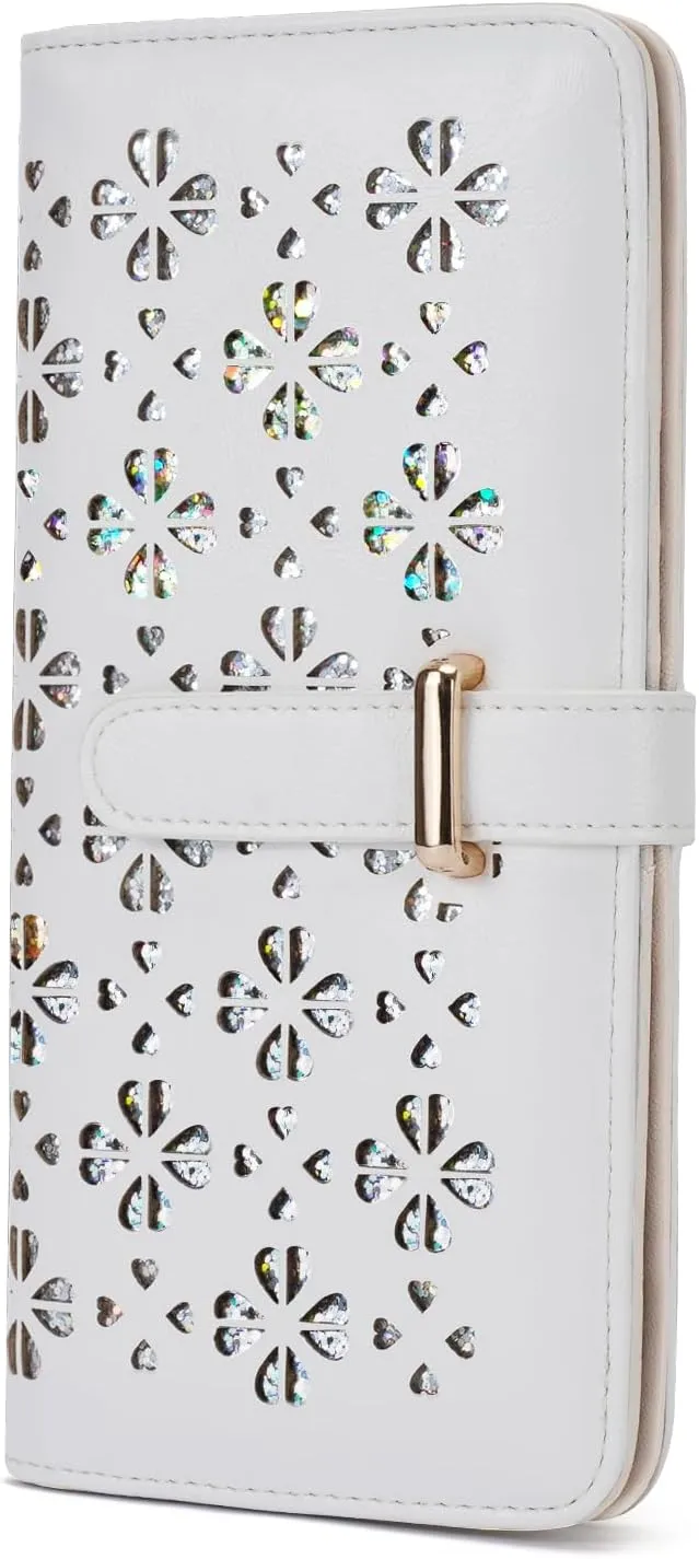 Wallet for Women Ultra Slim Thin Leather Womens Wallet RFID Blocking Bifold Clutch Long Ladies Wallet(White)