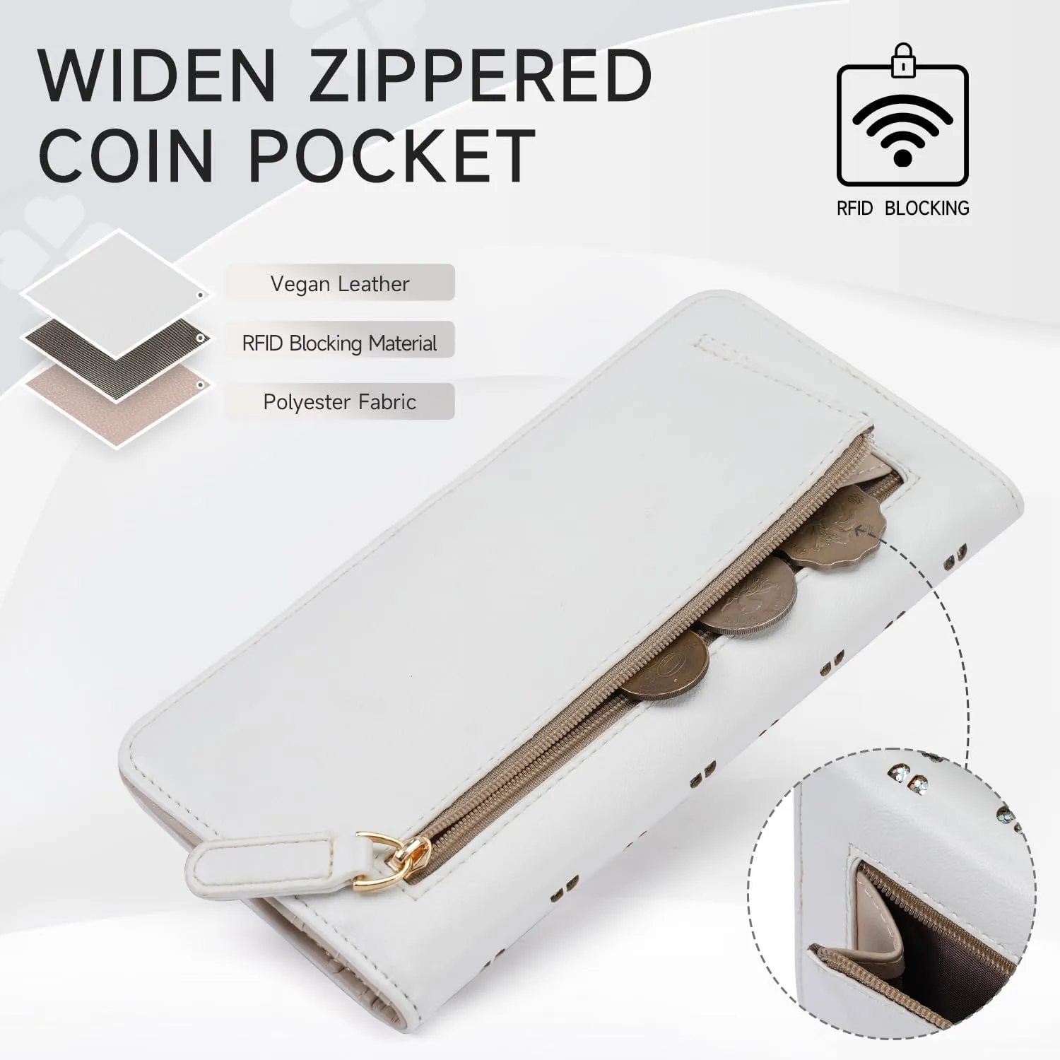 Wallet for Women Ultra Slim Thin Leather Womens Wallet RFID Blocking Bifold Clutch Long Ladies Wallet(White)