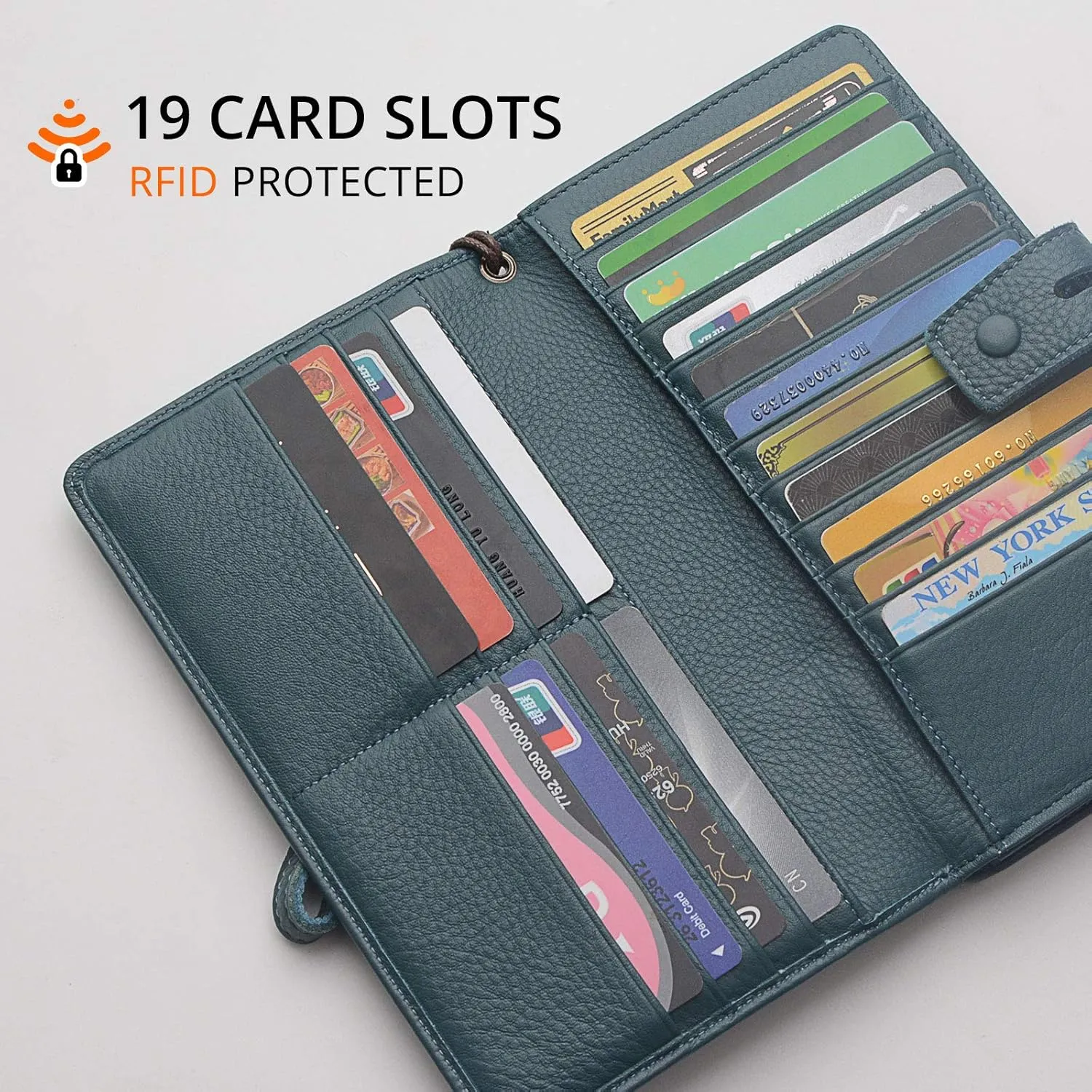 Women's Big Fat RFID Blocking Leather Wristlets Wallet Organizer Checkbook Holder (Blue)