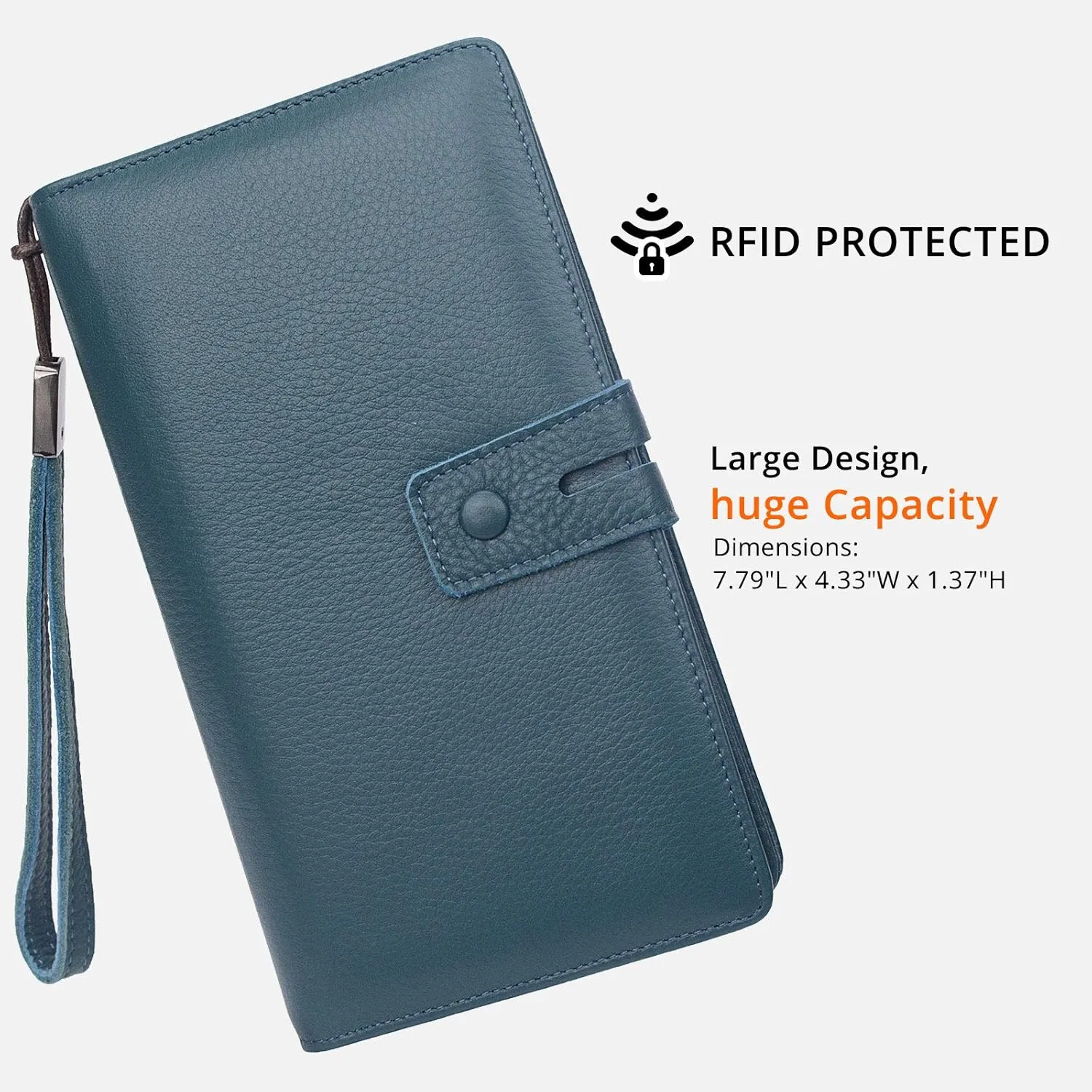 Women's Big Fat RFID Blocking Leather Wristlets Wallet Organizer Checkbook Holder (Blue)