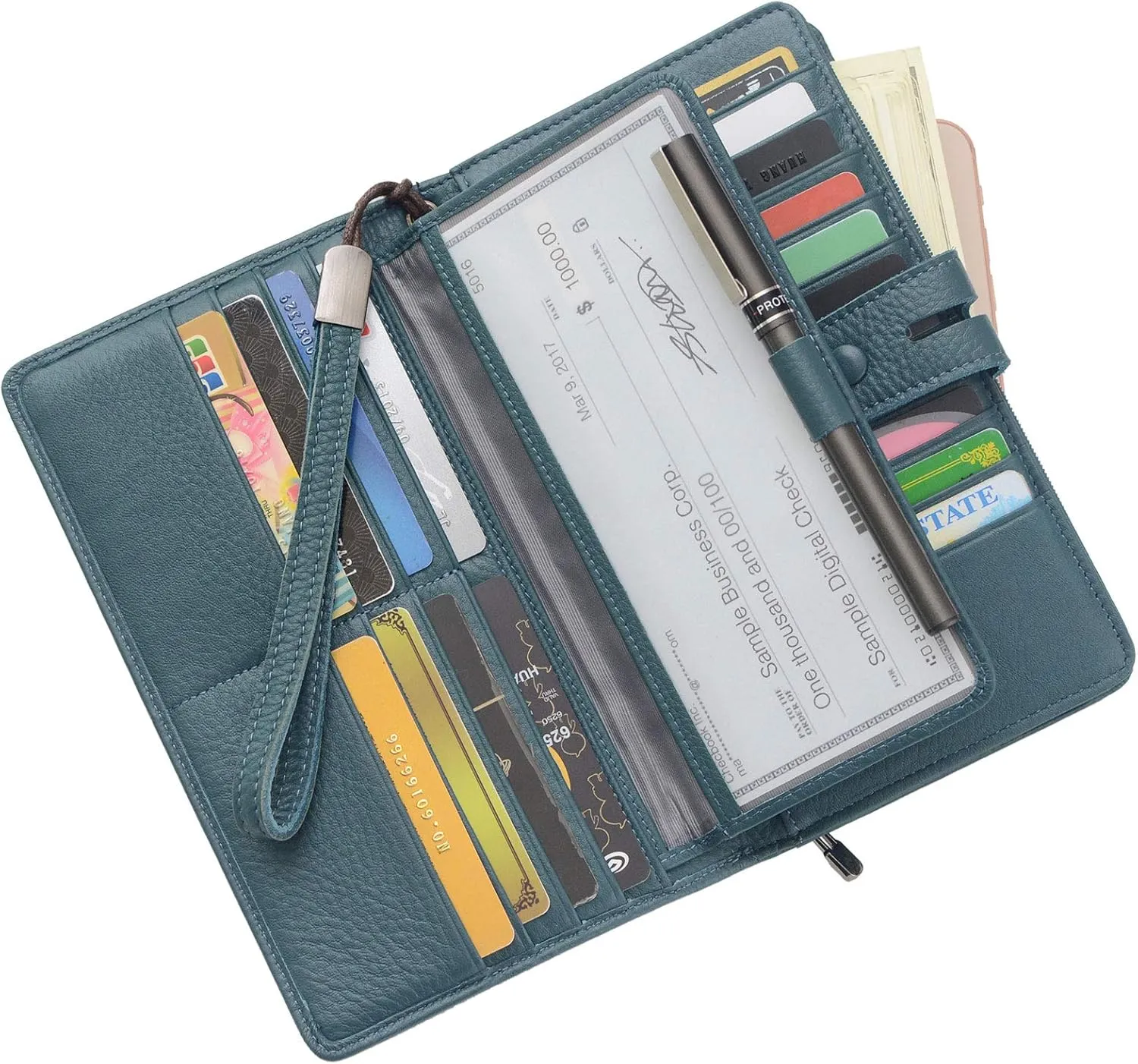 Women's Big Fat RFID Blocking Leather Wristlets Wallet Organizer Checkbook Holder (Blue)