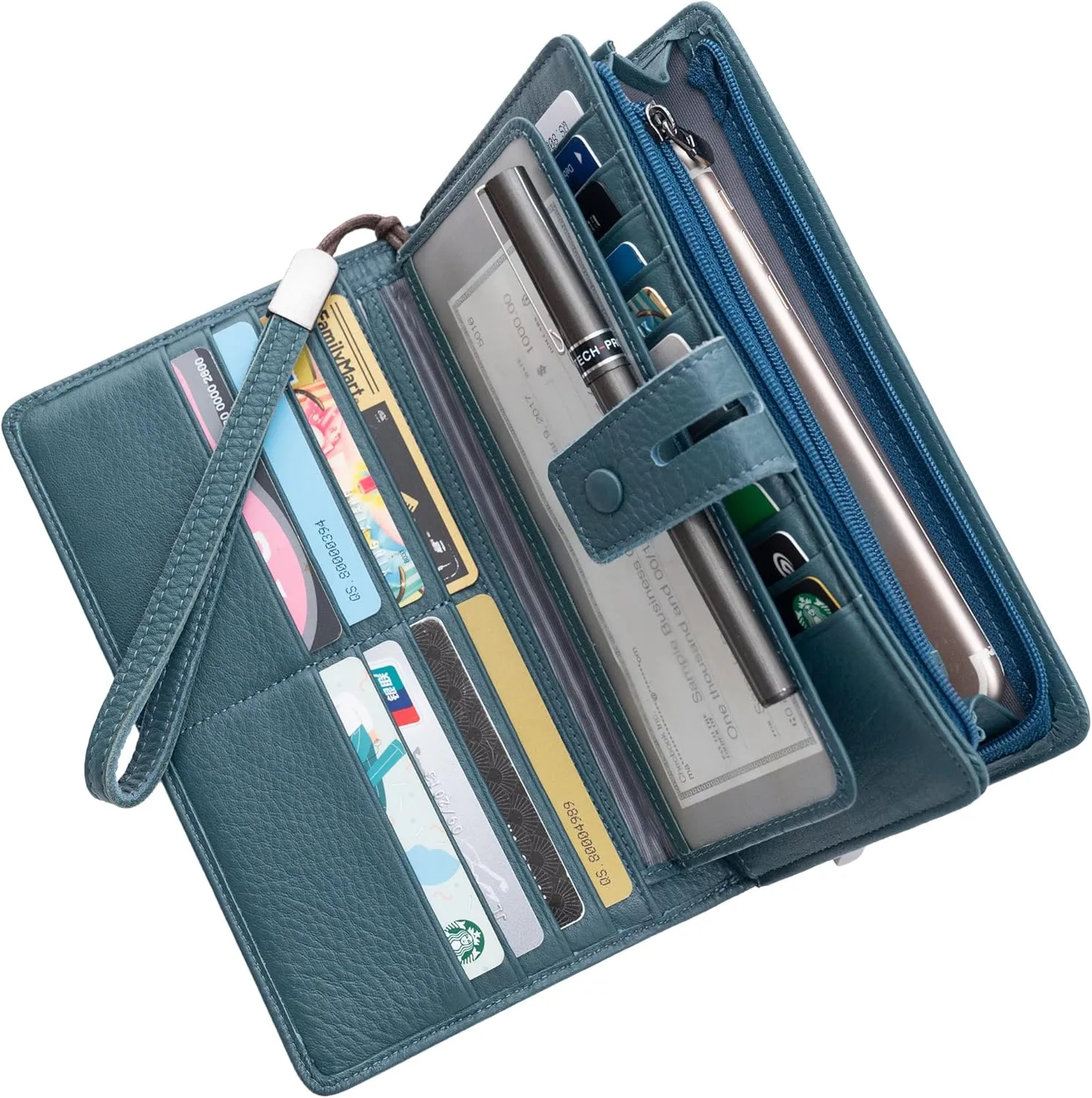 Women's Big Fat RFID Blocking Leather Wristlets Wallet Organizer Checkbook Holder (Blue)