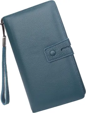 Women's Big Fat RFID Blocking Leather Wristlets Wallet Organizer Checkbook Holder (Blue)