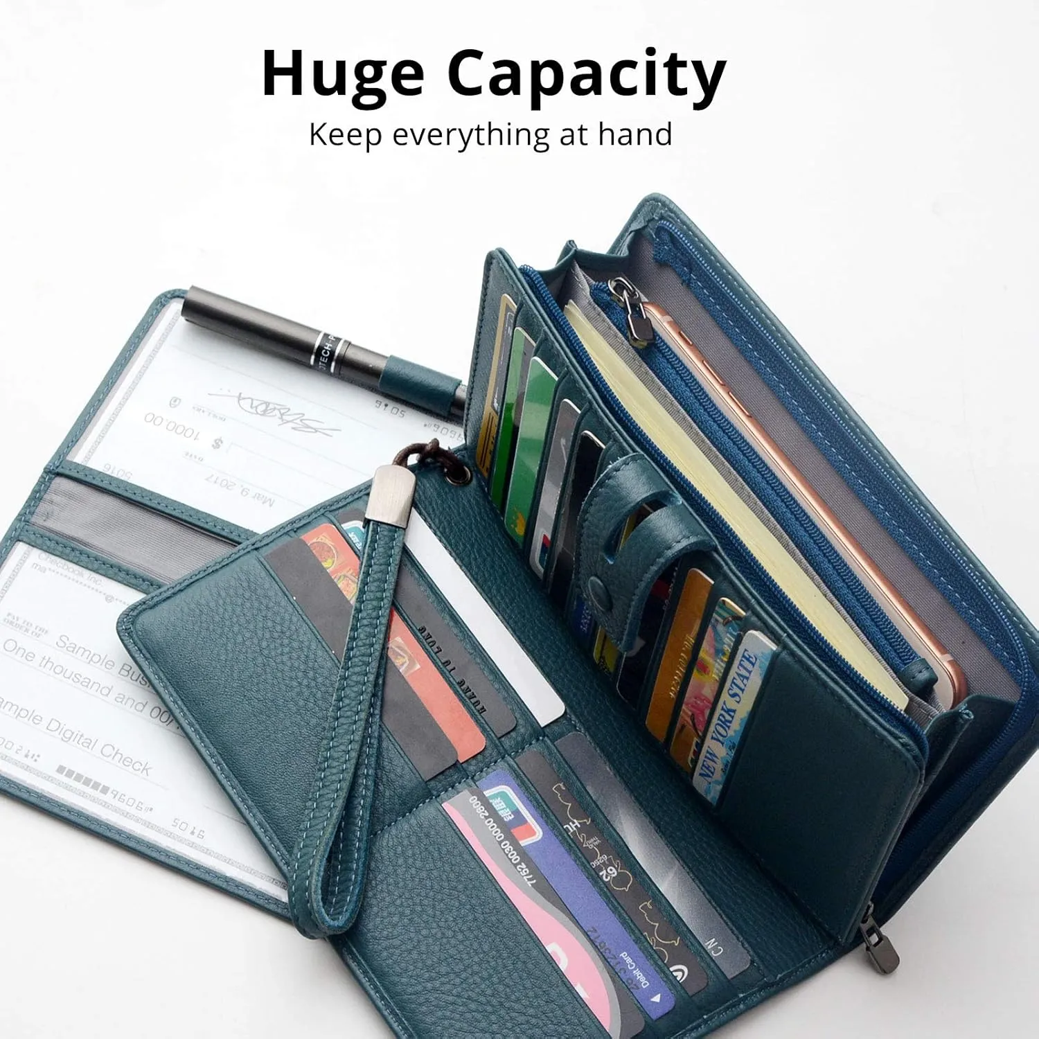Women's Big Fat RFID Blocking Leather Wristlets Wallet Organizer Checkbook Holder (Blue)