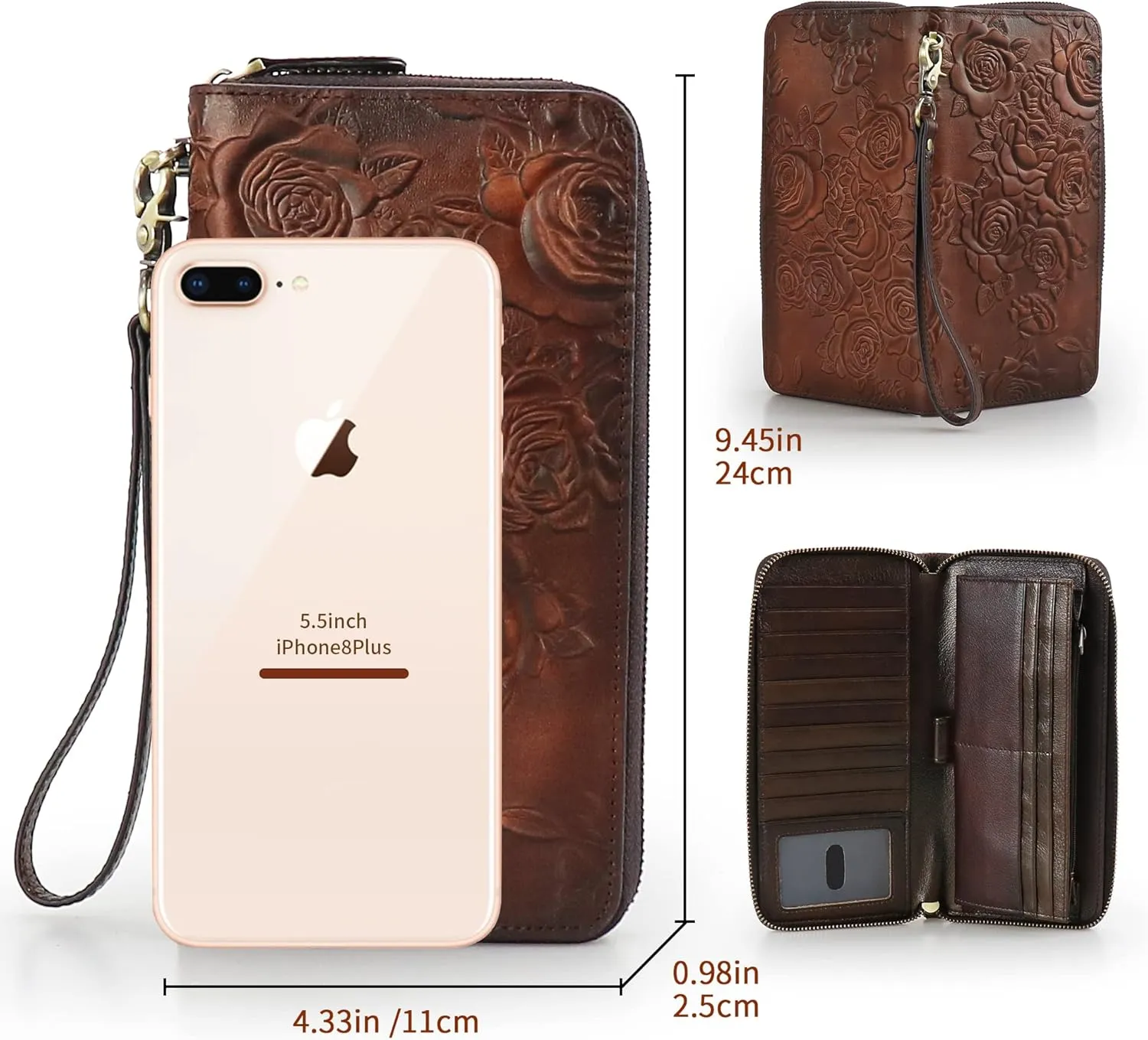 Womens RFID Blocking Wallet Leather Large Capacity Credit Card Phone Clutch With Detachable Hand Strap