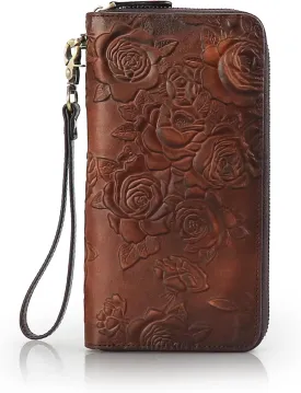 Womens RFID Blocking Wallet Leather Large Capacity Credit Card Phone Clutch With Detachable Hand Strap